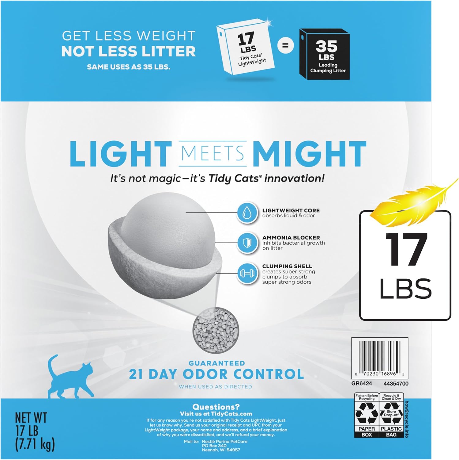 Purina Tidy Cats 17 lb box next to product features text