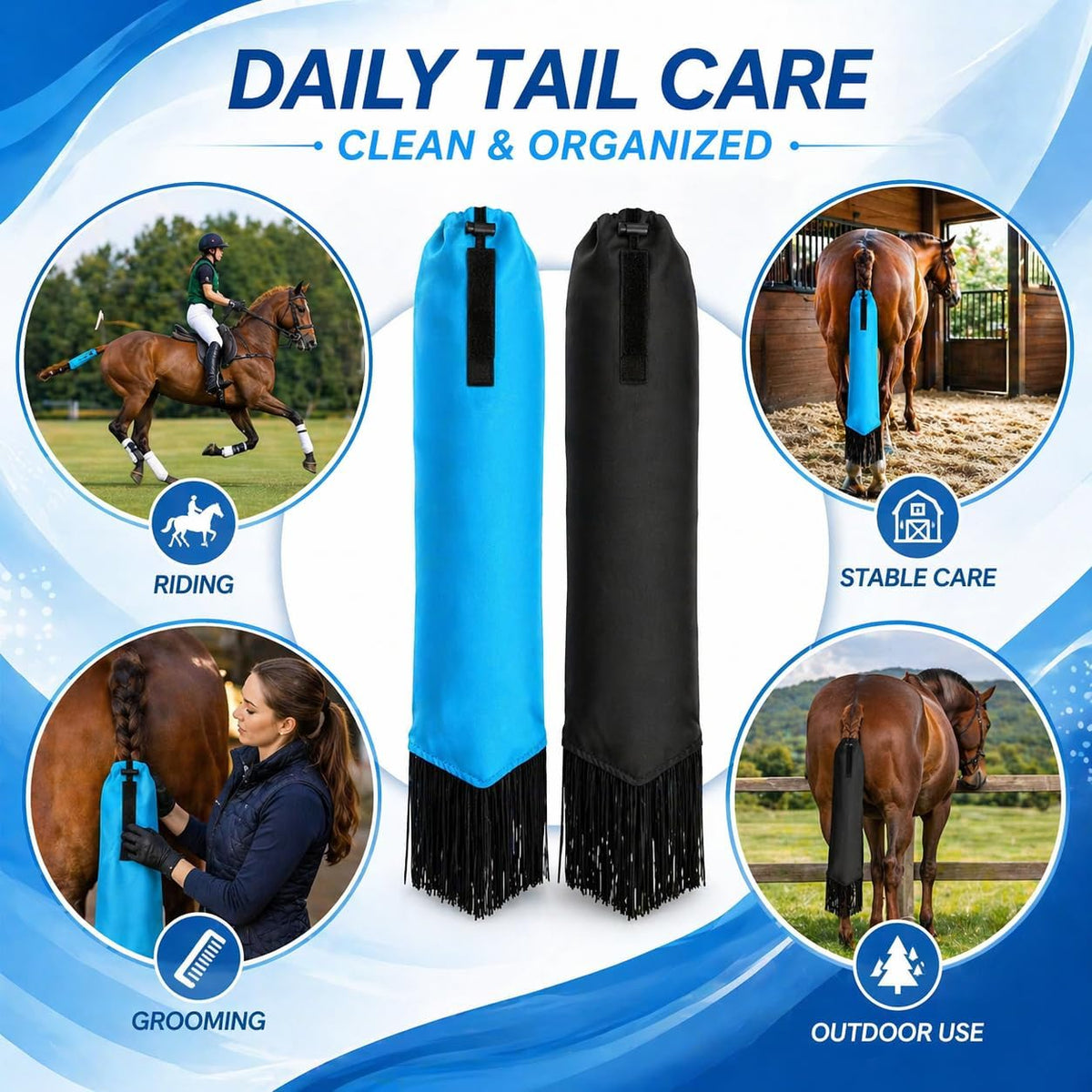 Equestrian grooming kit with two premium waterproof nylon tail bags for hair care.