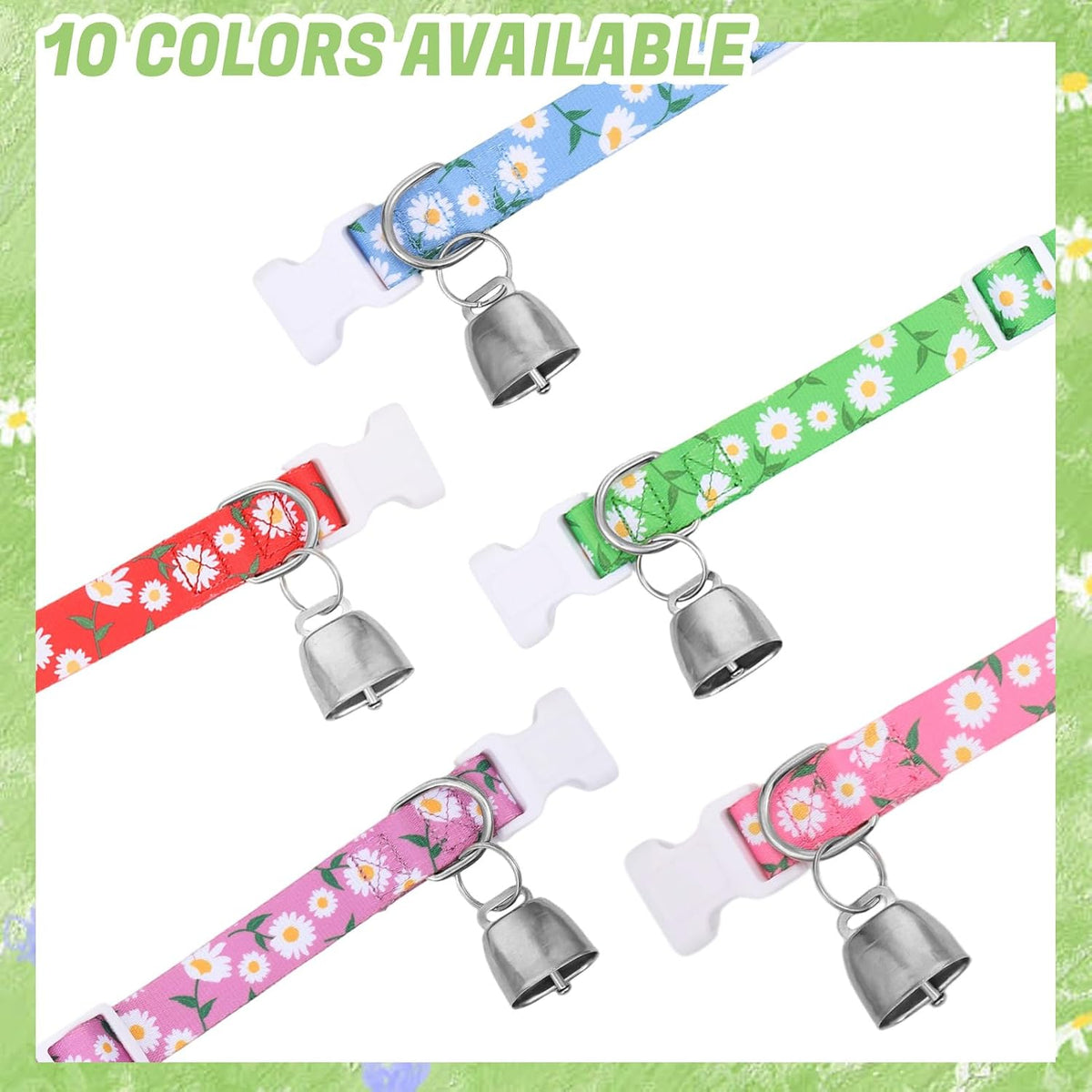 Five pieces of decorative flower pattern bakri neck belts with metal ghungroo bells designed for easy livestock identification.