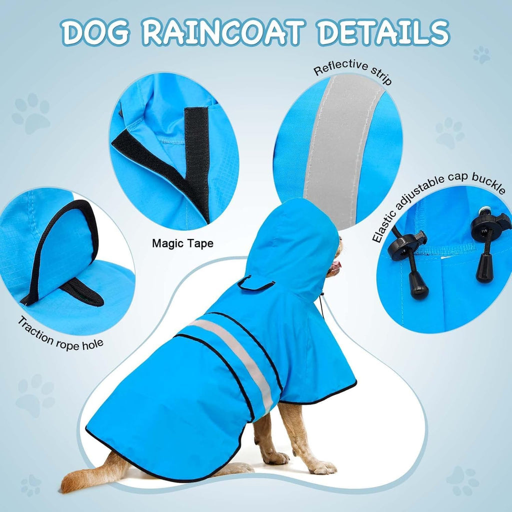 Blue reflective dog rain jacket with hoodie for monsoon protection