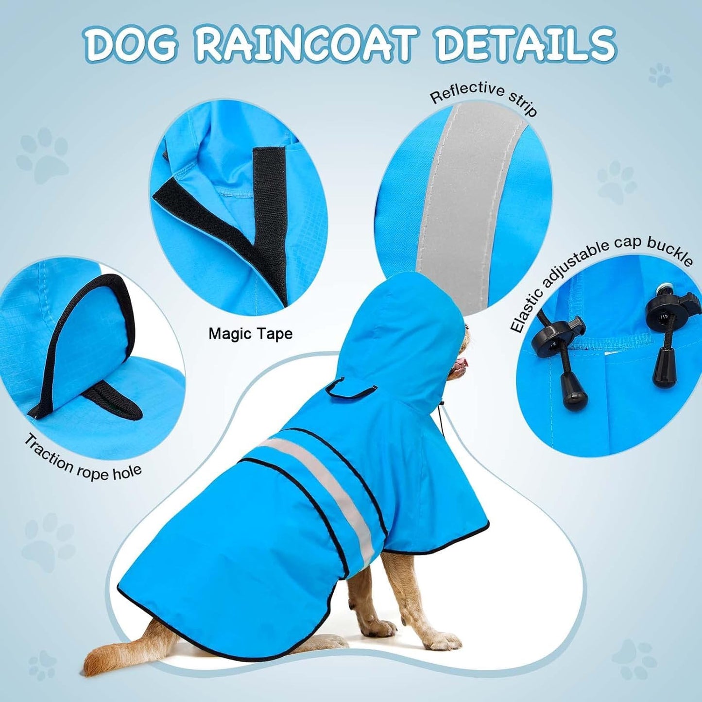 Blue reflective dog rain jacket with hoodie for monsoon protection