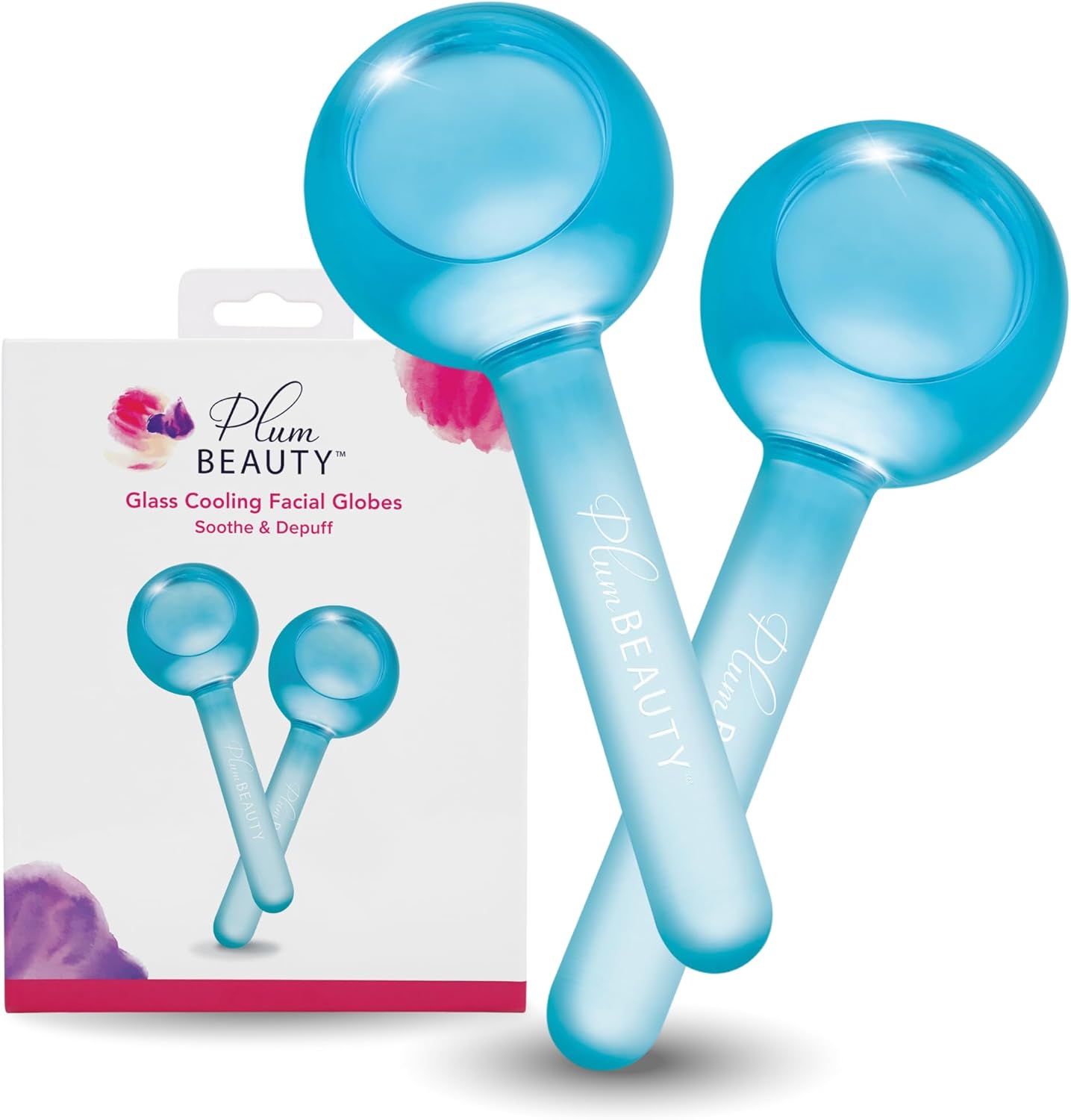 Plum Beauty Facial Cooling Globes front view of the blue glass cryotherapy tools