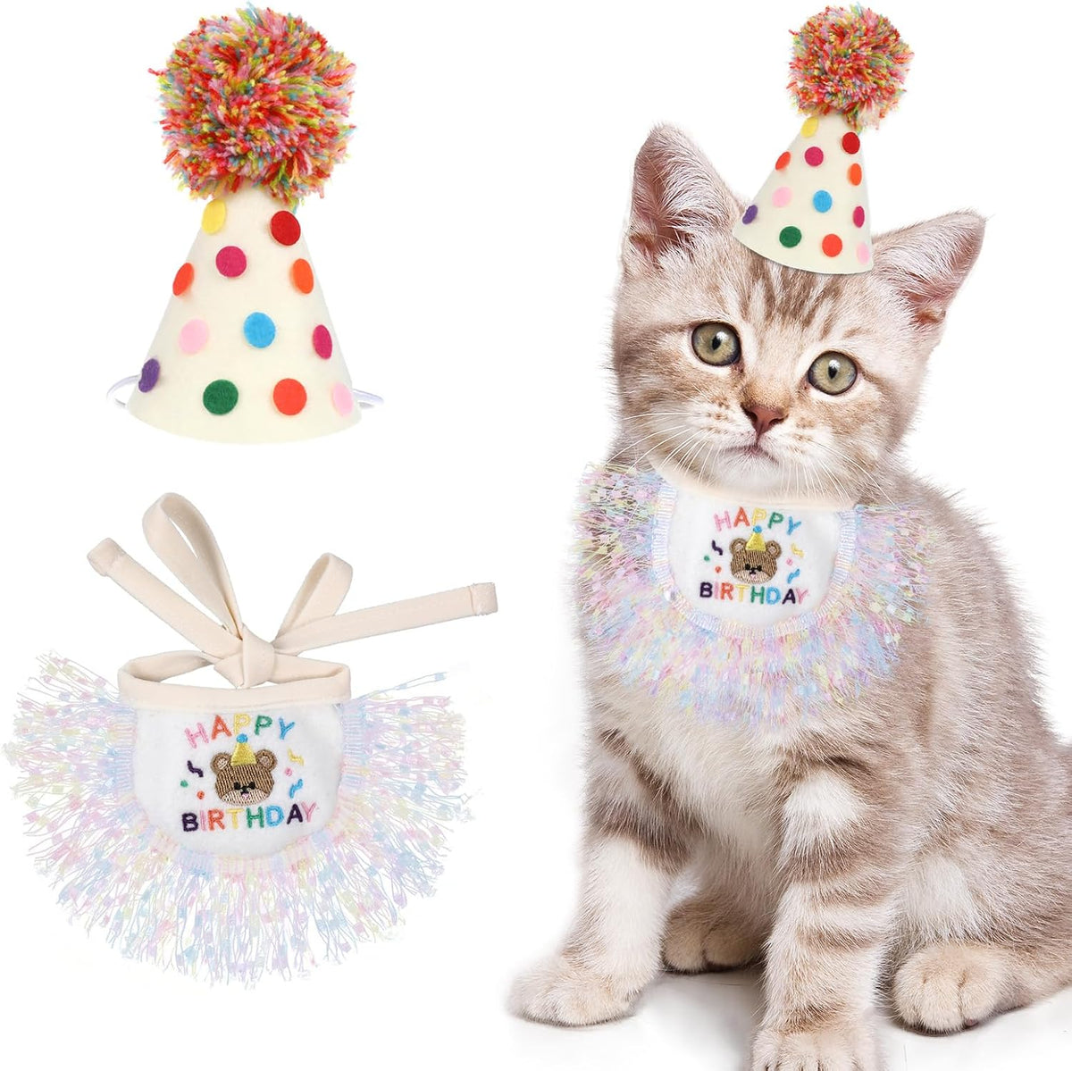 Bruislard cat birthday hat and bandana set front view