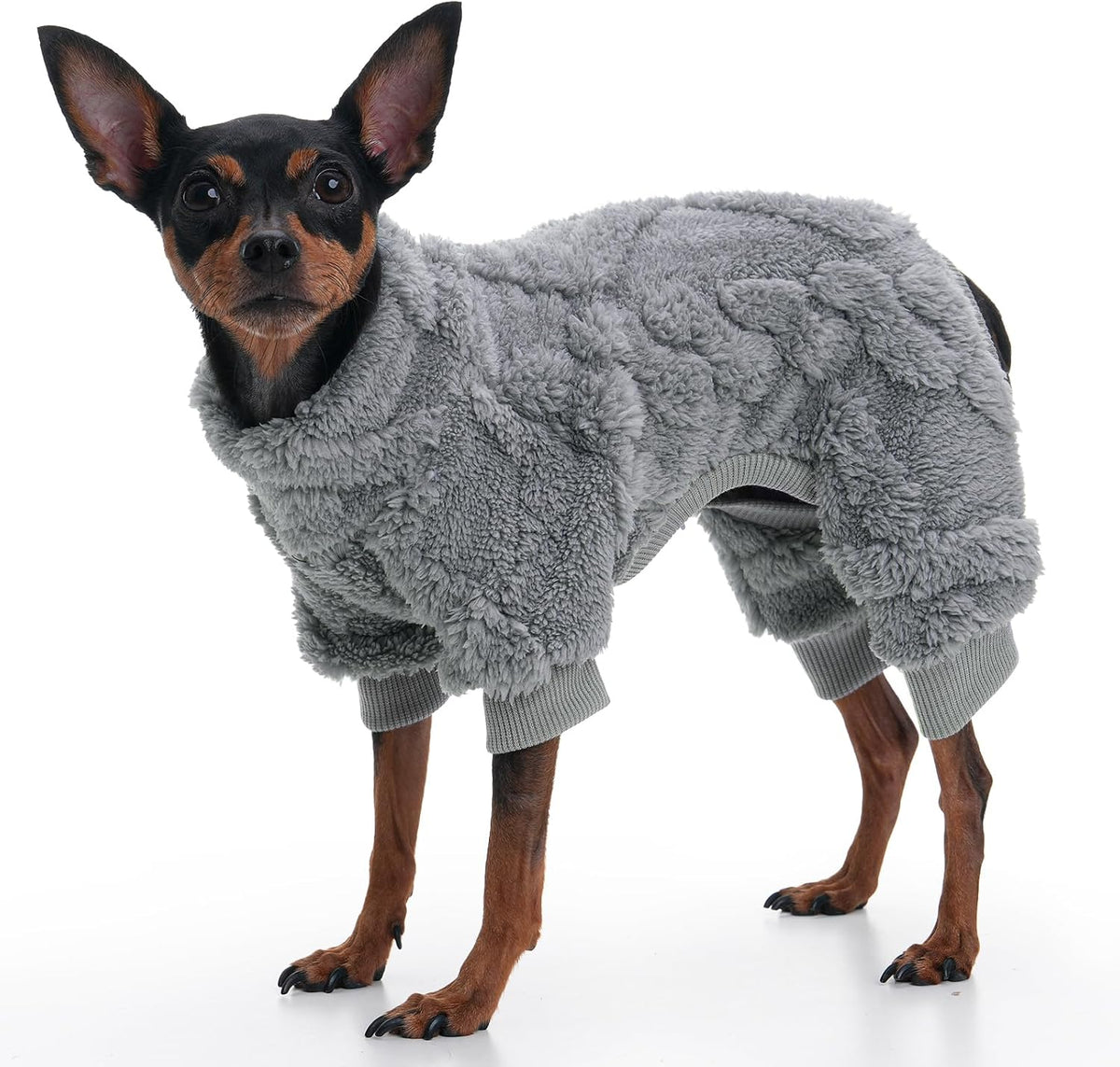 XPUDAC small breed winter clothes highlighting the leather brand patch detail.