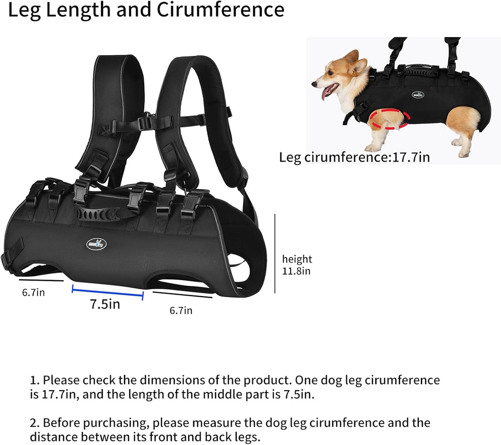 Heavy duty black emergency dog backpack carrier being used to lift a senior dog.