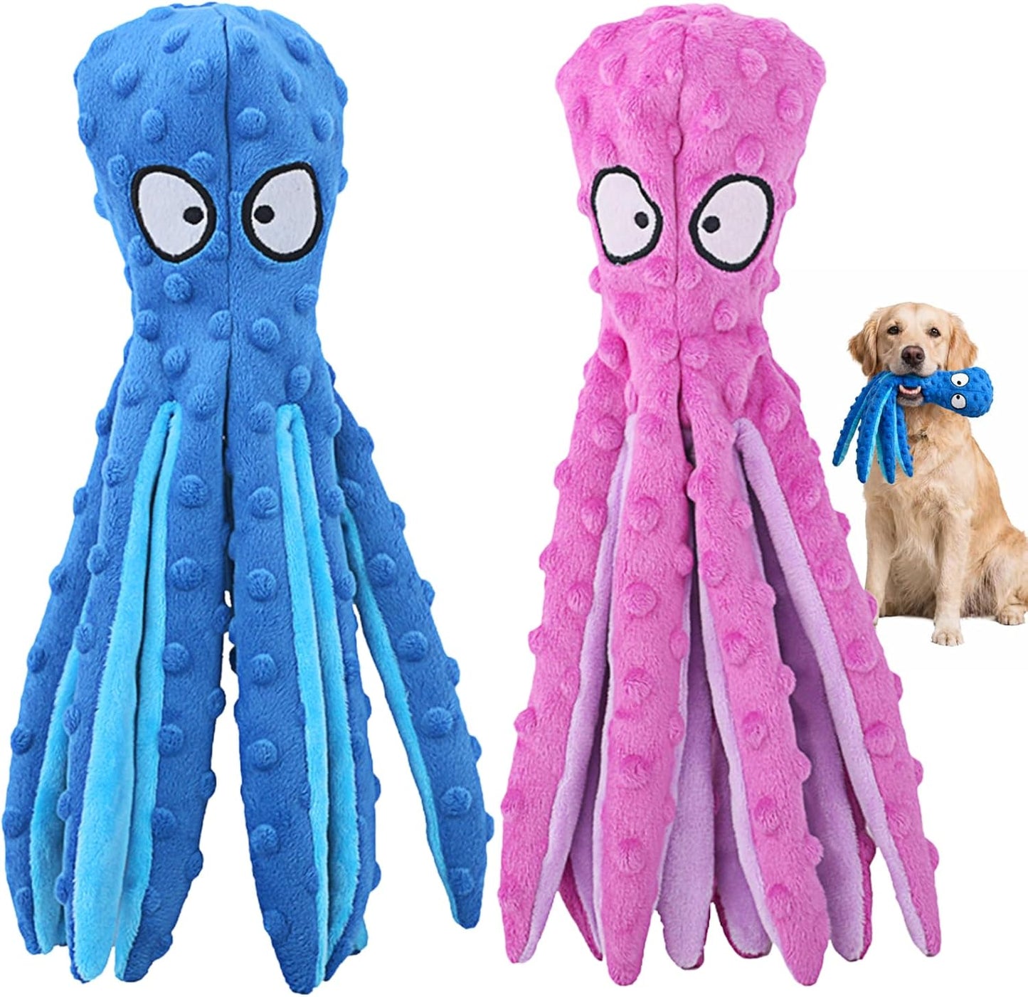 HGB squeaky dog toys front view of two pack octopus plush