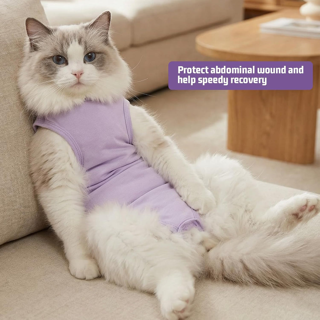 Adjustable neck drawstring feature on cat surgery suit