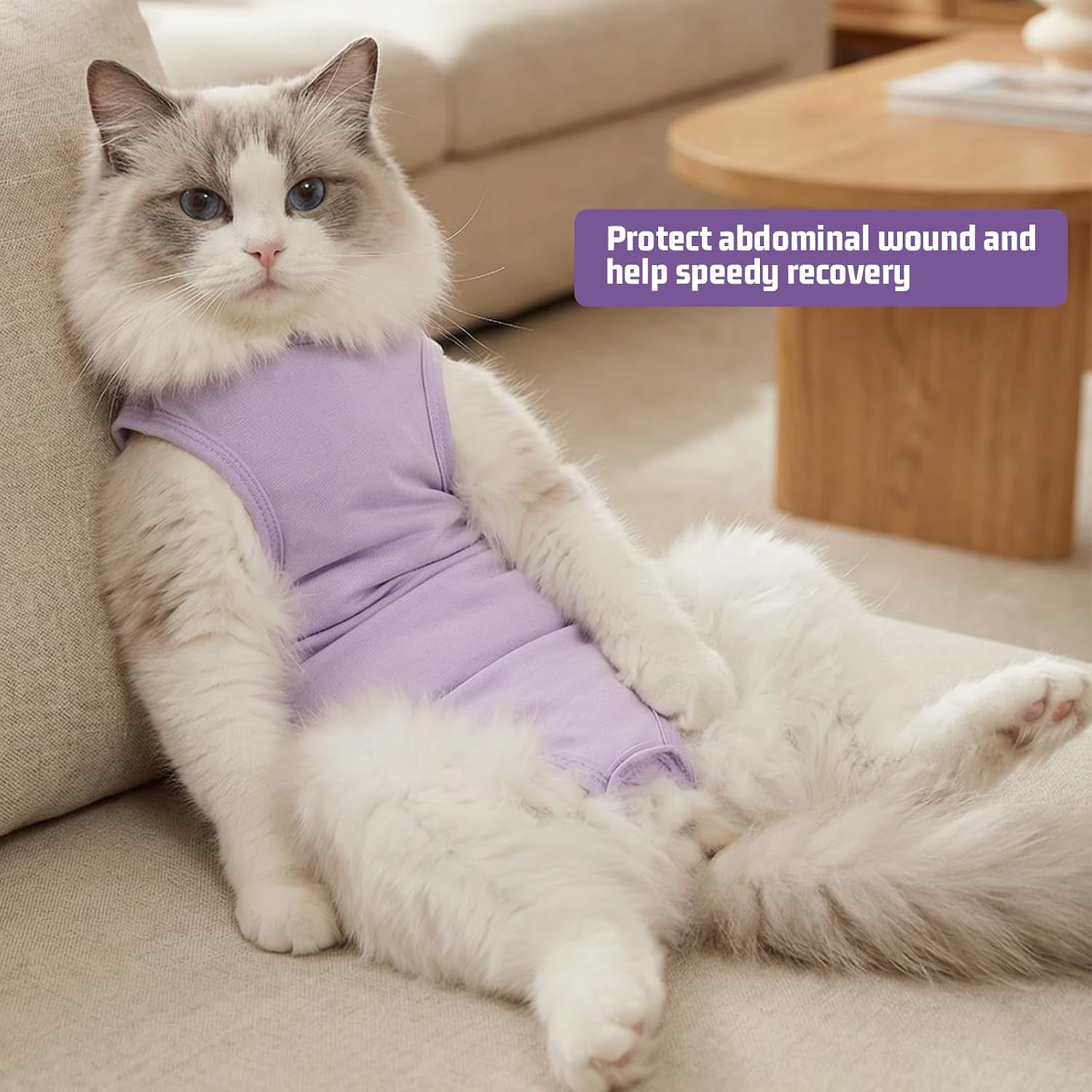 Adjustable neck drawstring feature on cat surgery suit