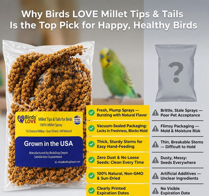 Birds Love Millet Tips And Tails packaging showing natural bird treat