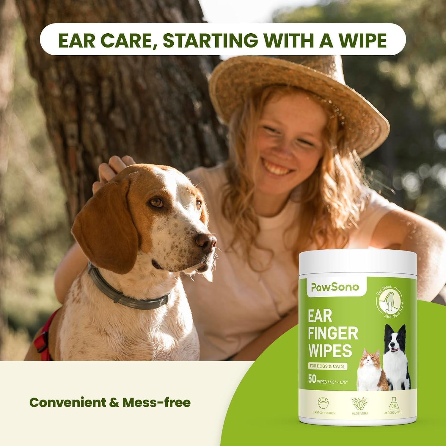 Natural ingredients list on PawSono ear wipe container
