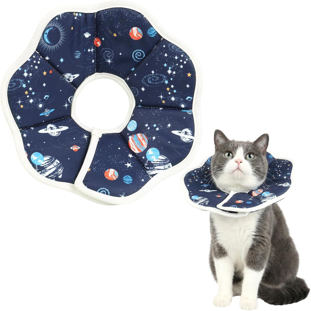 Adjustable blue pet cone collar for kittens with size measurements of five to seven inches.