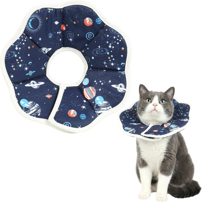 Adjustable blue pet cone collar for kittens with size measurements of five to seven inches.