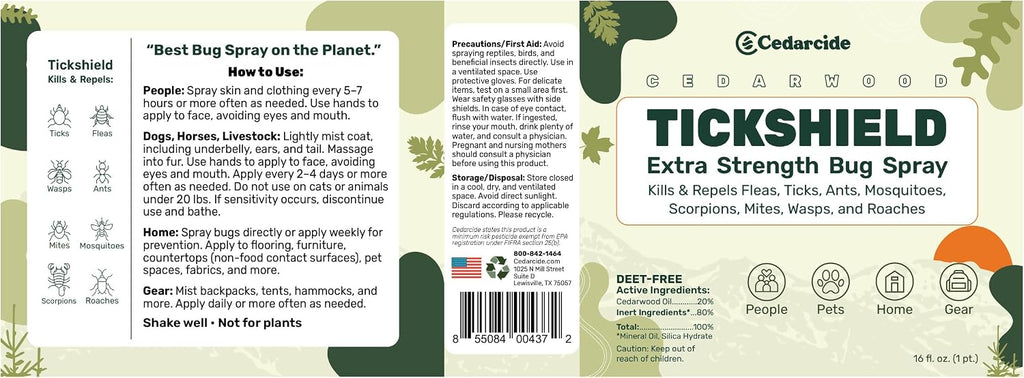 Cedarcide Tickshield natural insect repellent bottle label