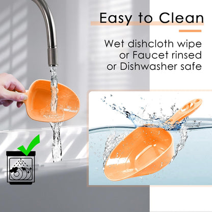 Side profile of orange melamine pet food measuring scoop