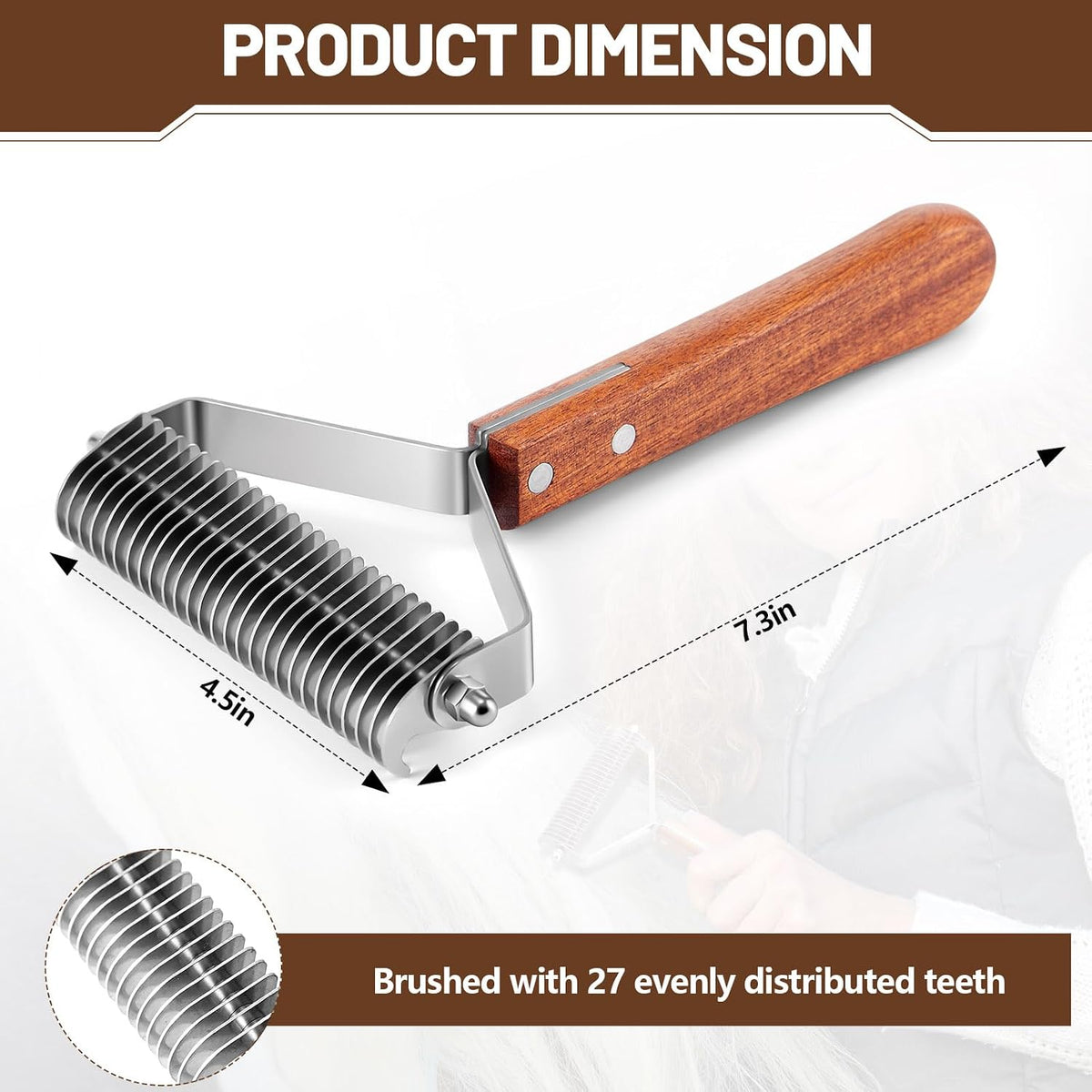 Abbylike grooming rake with 27 stainless steel blades