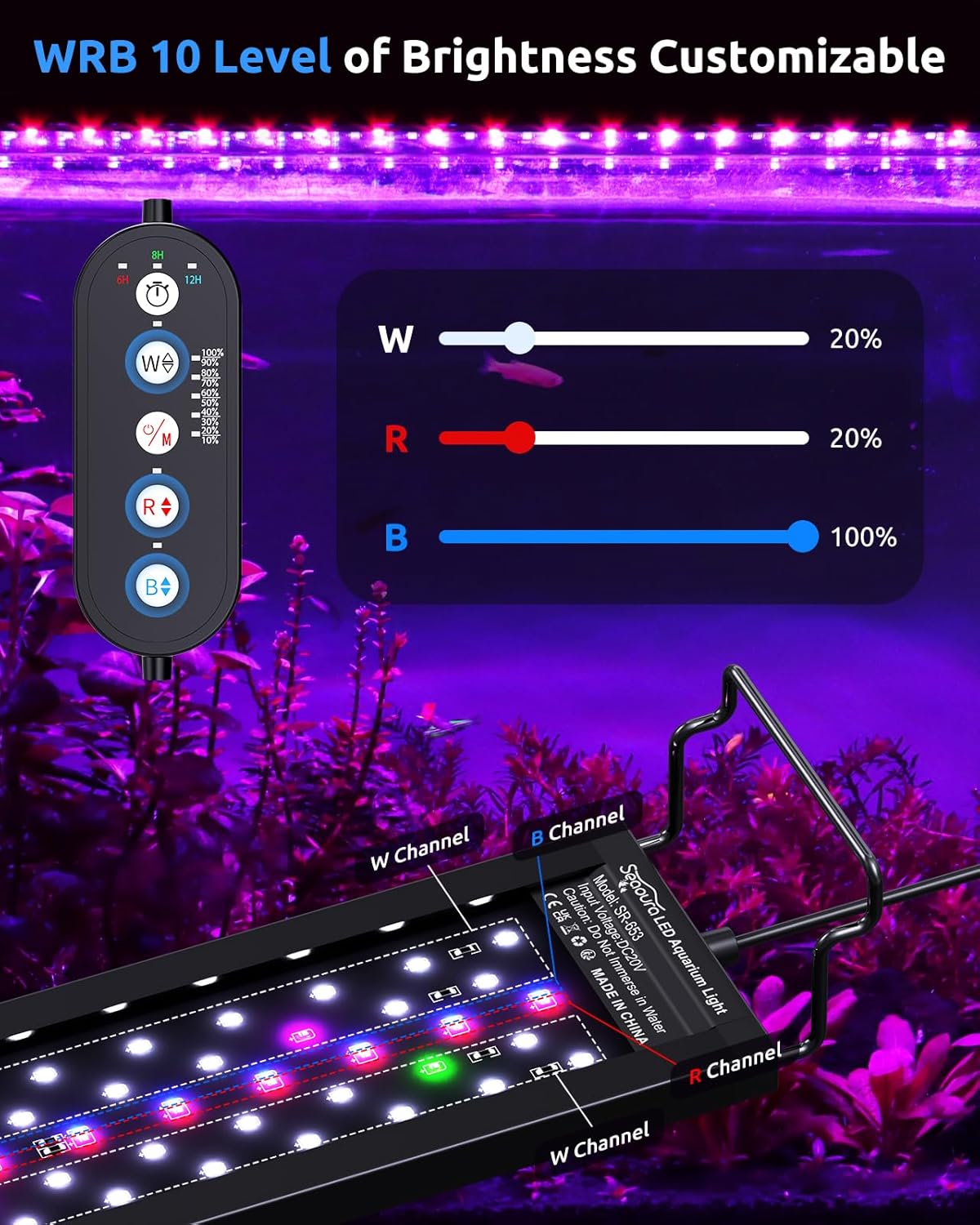 SEAOURA SR-653 programmable aquatic lamp detailing the wired remote controller buttons and timer indicators