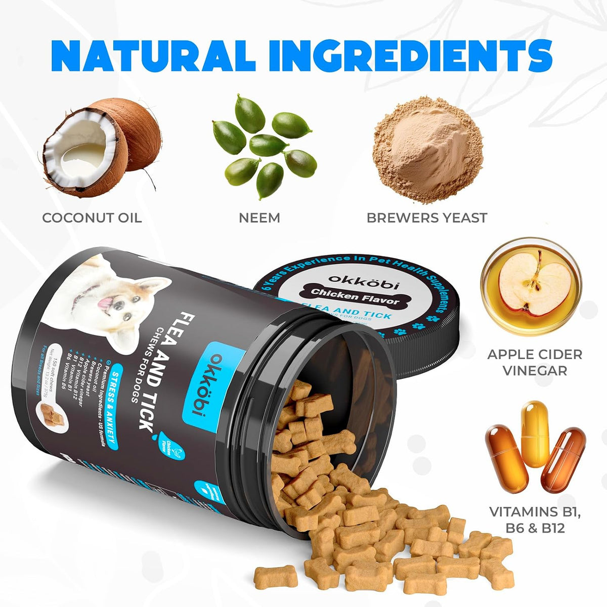 Chicken flavored dog supplement chews for pest defense close up texture