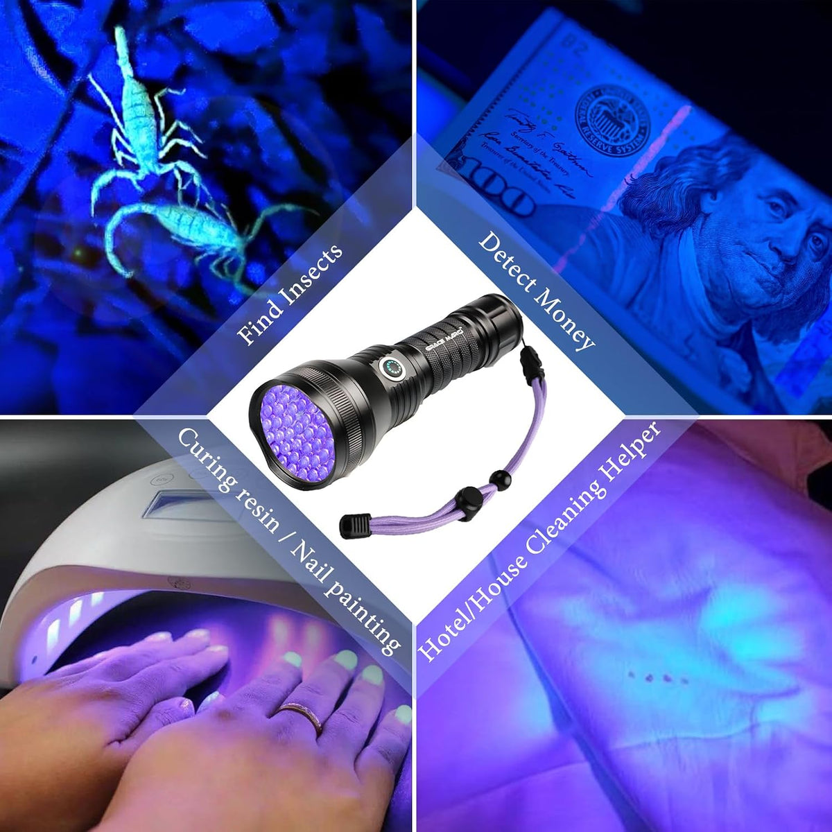 Grace Marci premium rechargeable black light torch showing bright purple ultraviolet glow