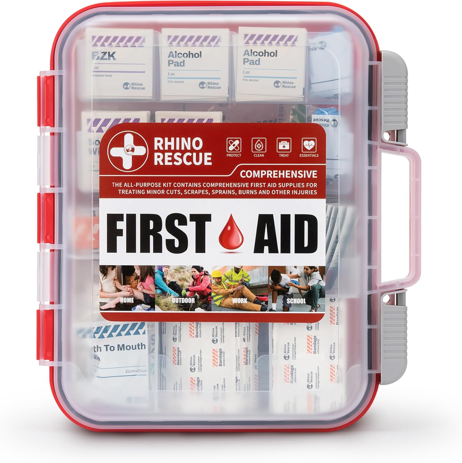 Rhino Rescue 371 Pieces OSHA All-Purpose First Aid Kit front view in transparent hard case.