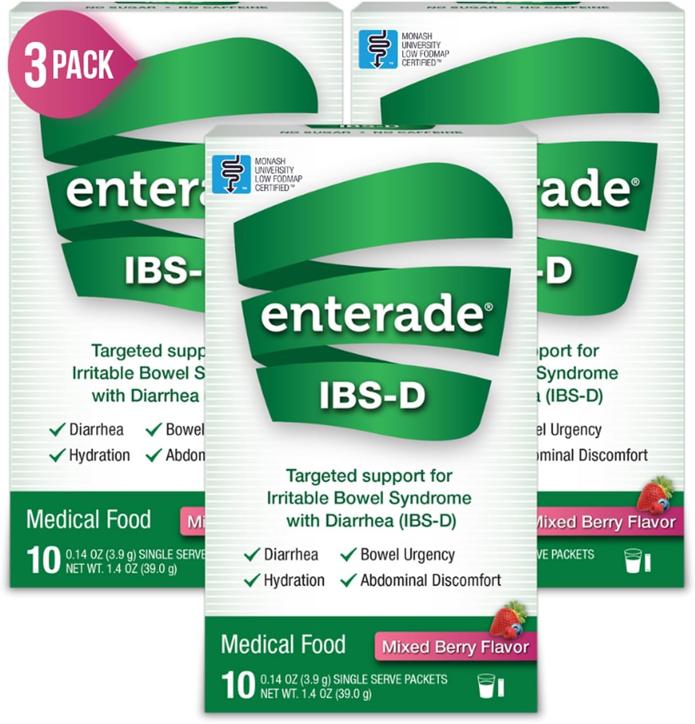 Enterade IBS-D powder packets mixed berry flavor front view box packaging