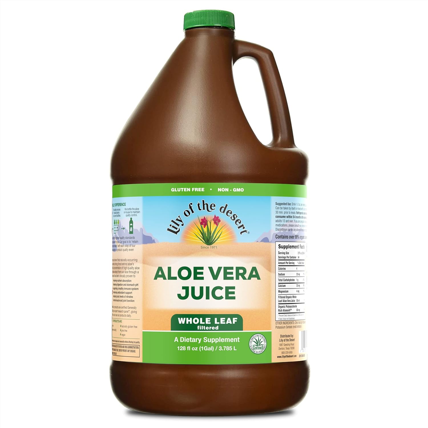 Lily of the Desert Whole Leaf Aloe Vera Juice 128 Fluid Ounce front view bottle for digestive health.