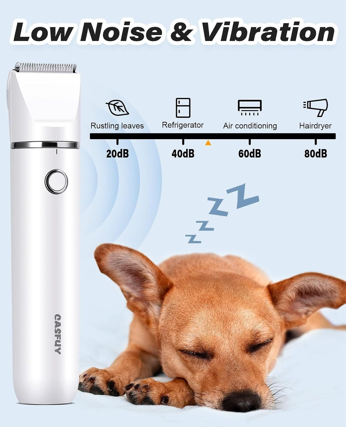 Casfuy low noise cat grooming tool showing the compact precision blade for paw pads.