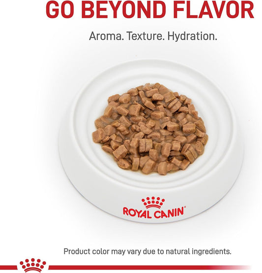 Royal Canin Satiety Support adult wet cat food thin slices in gravy case box.