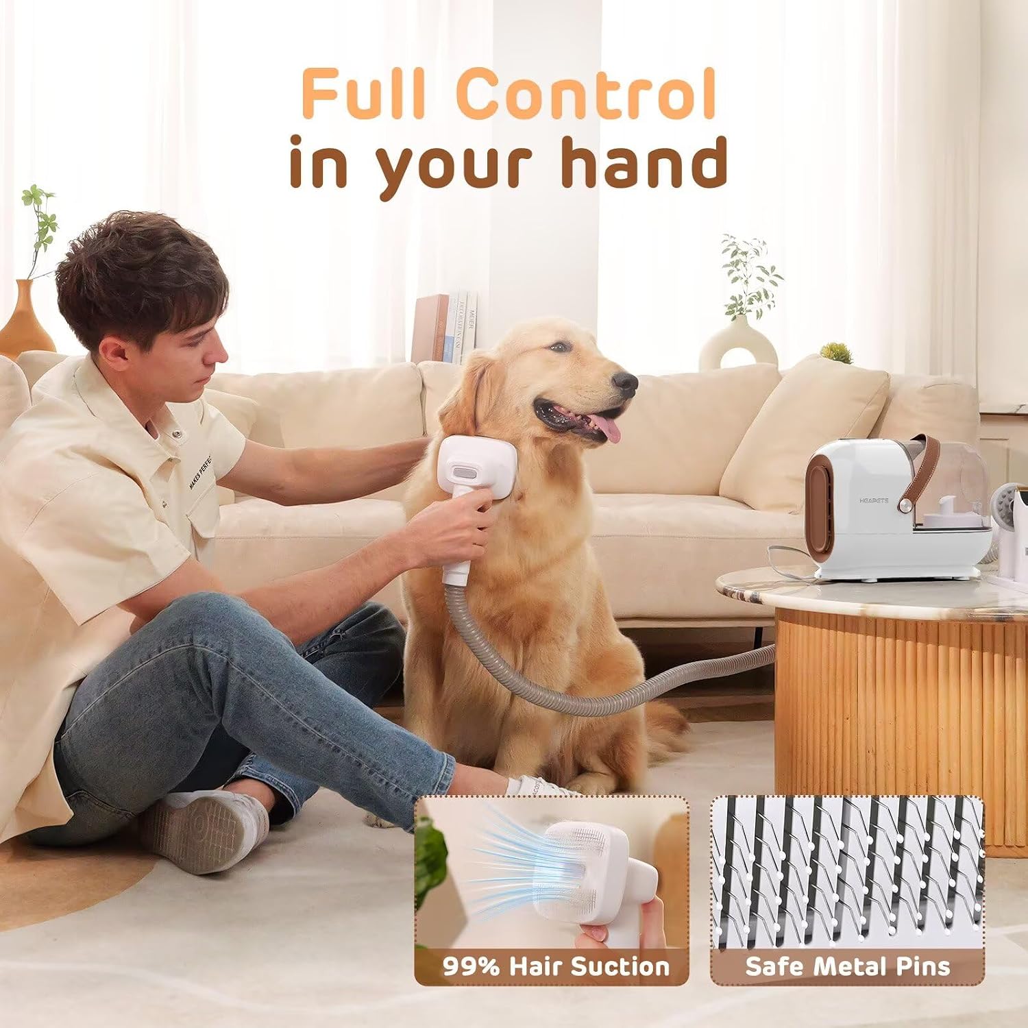 Deshedding brush tool attached to the HEAPETS vacuum hose demonstrating pet fur removal.