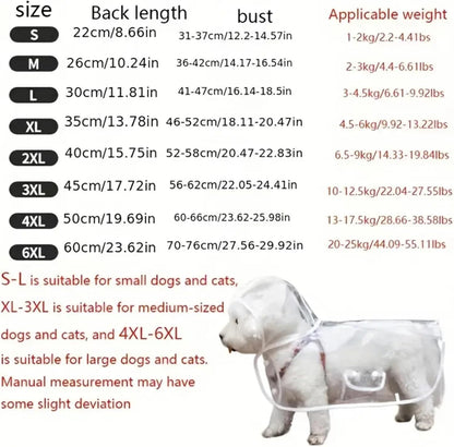 Full length top view of a medium dog wearing a hooded rain poncho