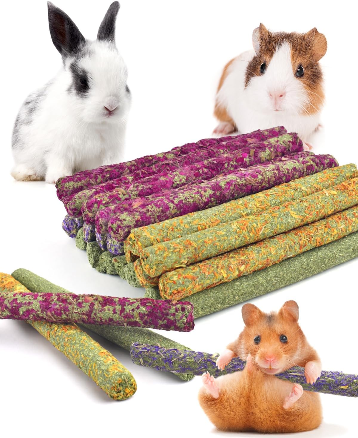 All natural assortment of thirty six pieces of colorful small pet foraging toys.