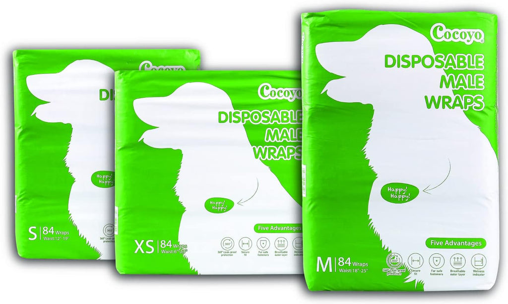 COCOYO male pet diapers package showing size chart and fitment guidelines