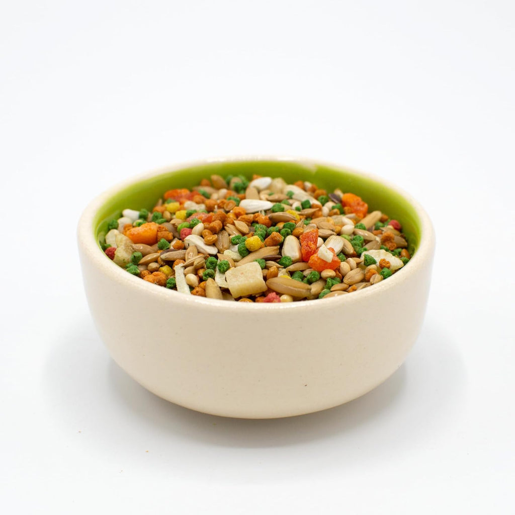Small parakeet eating ZuPreem Smart Selects healthy bird food