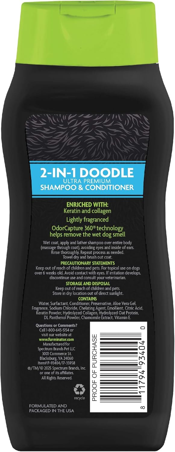 FURminator Doodle dog shampoo and conditioner 16 fluid ounces label details