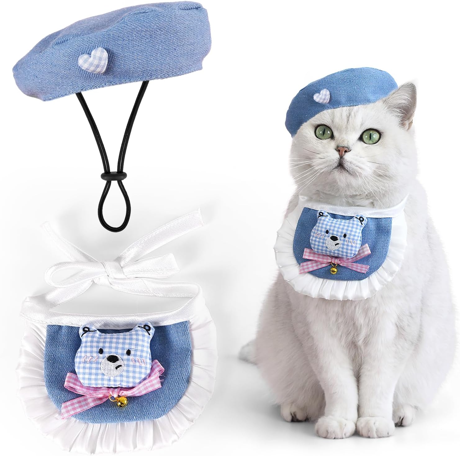 HOWWFALY 2PCS Cat Beret Hat with Small Camellia, Adjustable Satin Bowtie Bandana Scarf Set Pet Princess Costume for Halloween Christmas, Cat Dog Birthday Party Apparel (Pink Bow) - Image 13