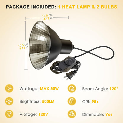Dimmable reptile heat lamp fixture with power cord controller side view.