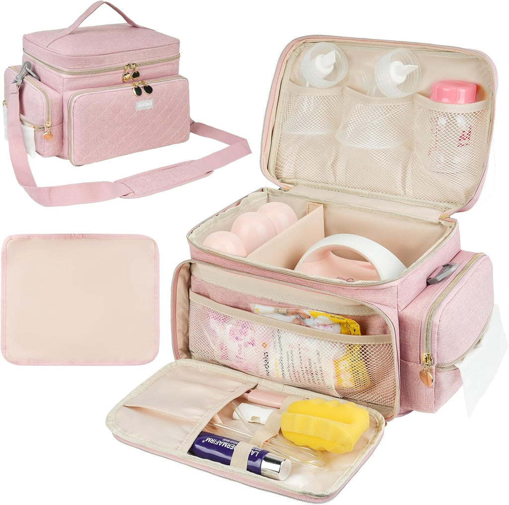 Jaffzora breast pump bag front view showing pink premium nylon exterior.