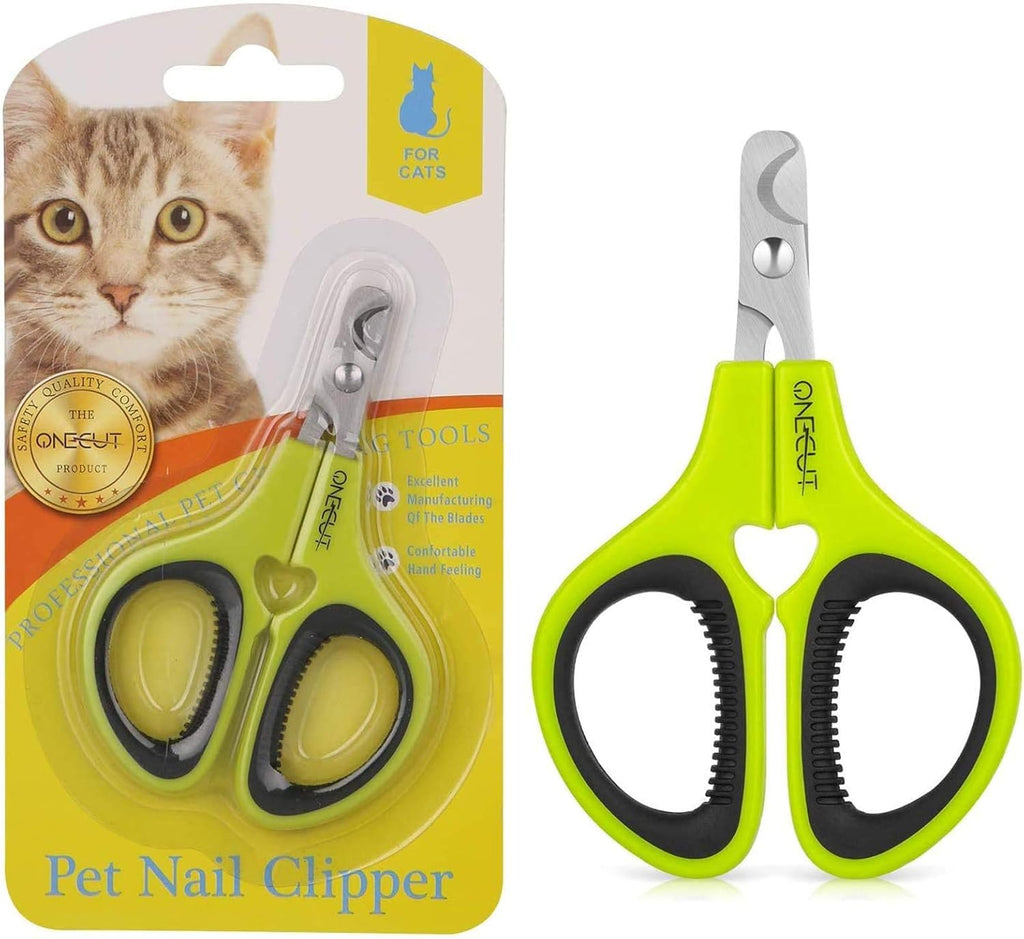 OneCut pet nail clippers displayed ready for use with a small kitten