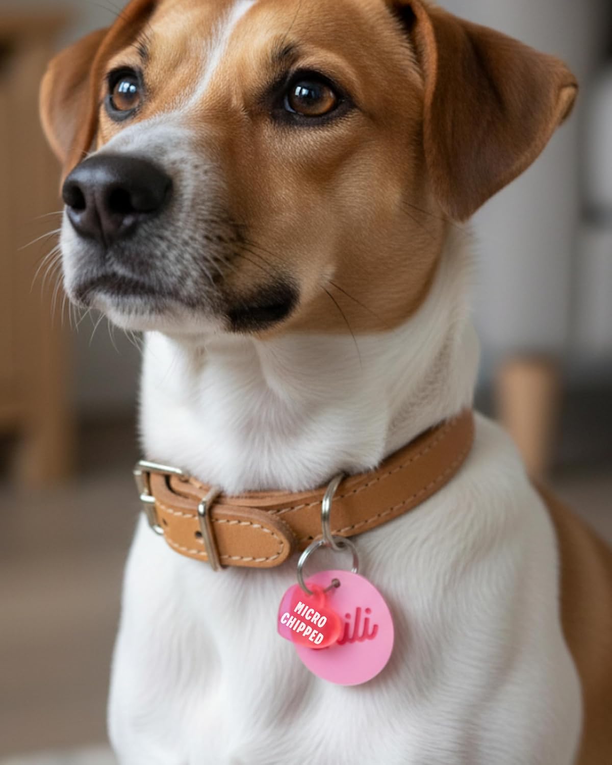 Neon pink heart pet ID accessory name pendant close up view.