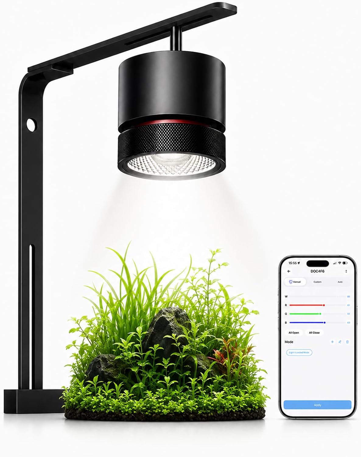 FZONE nano led mount system installed on a rimless freshwater aquascape layout.