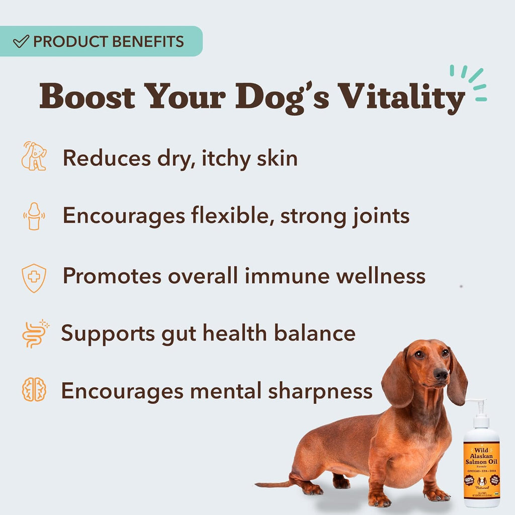 Natural Dog Company salmon oil sixteen ounce bottle showing Omega three benefits