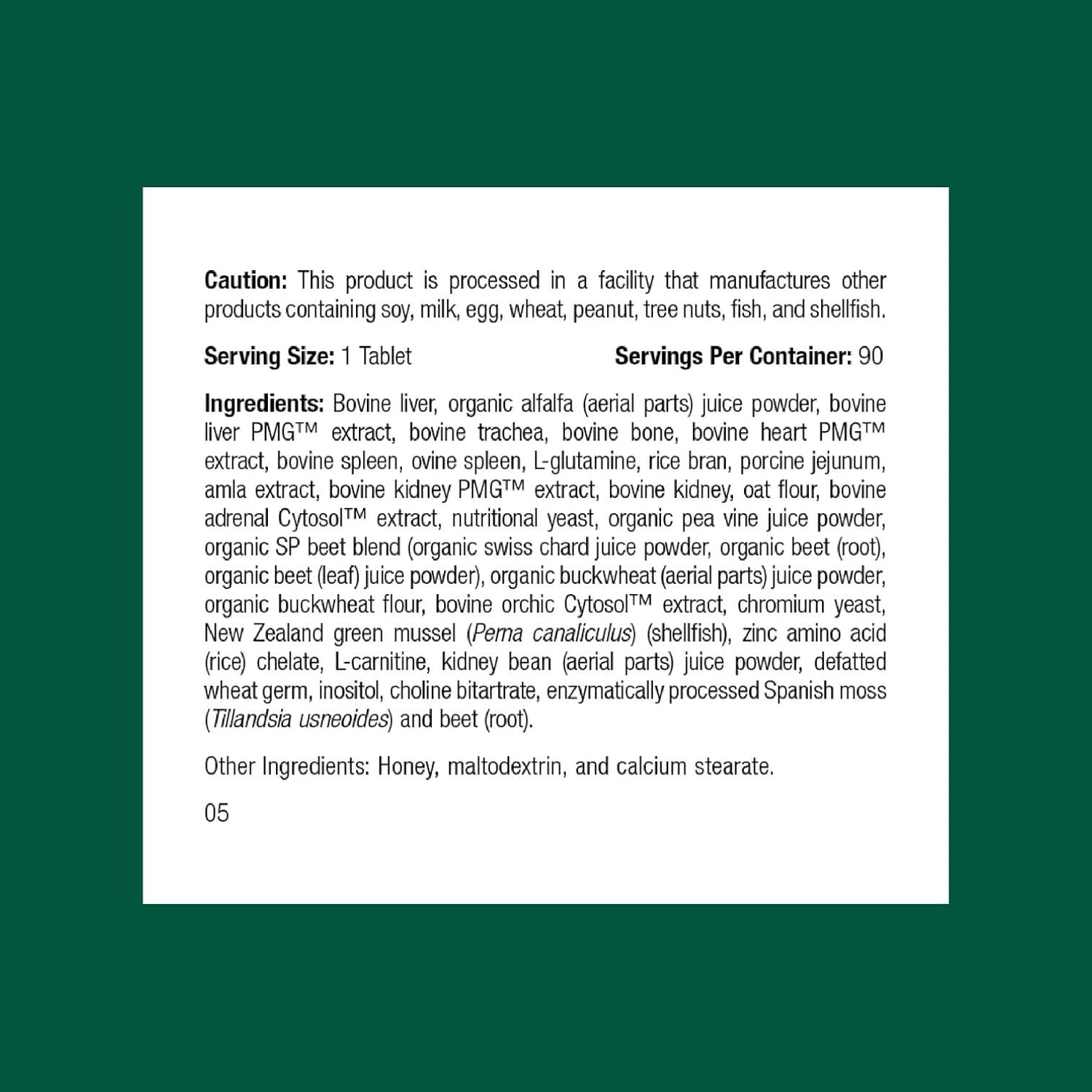 Standard Process Feline Whole Body Support supplement facts label