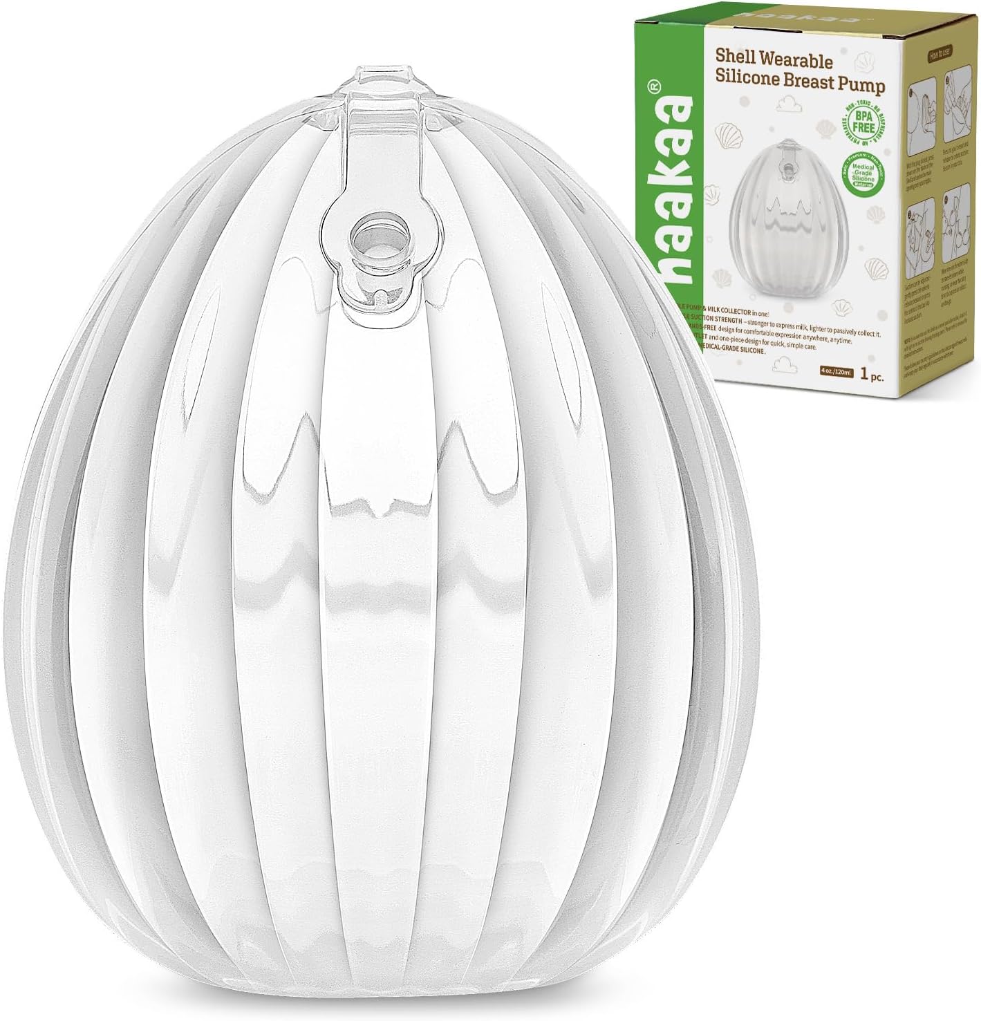 Haakaa wearable silicone breast pump shell front view showcasing clear ribbed food grade material