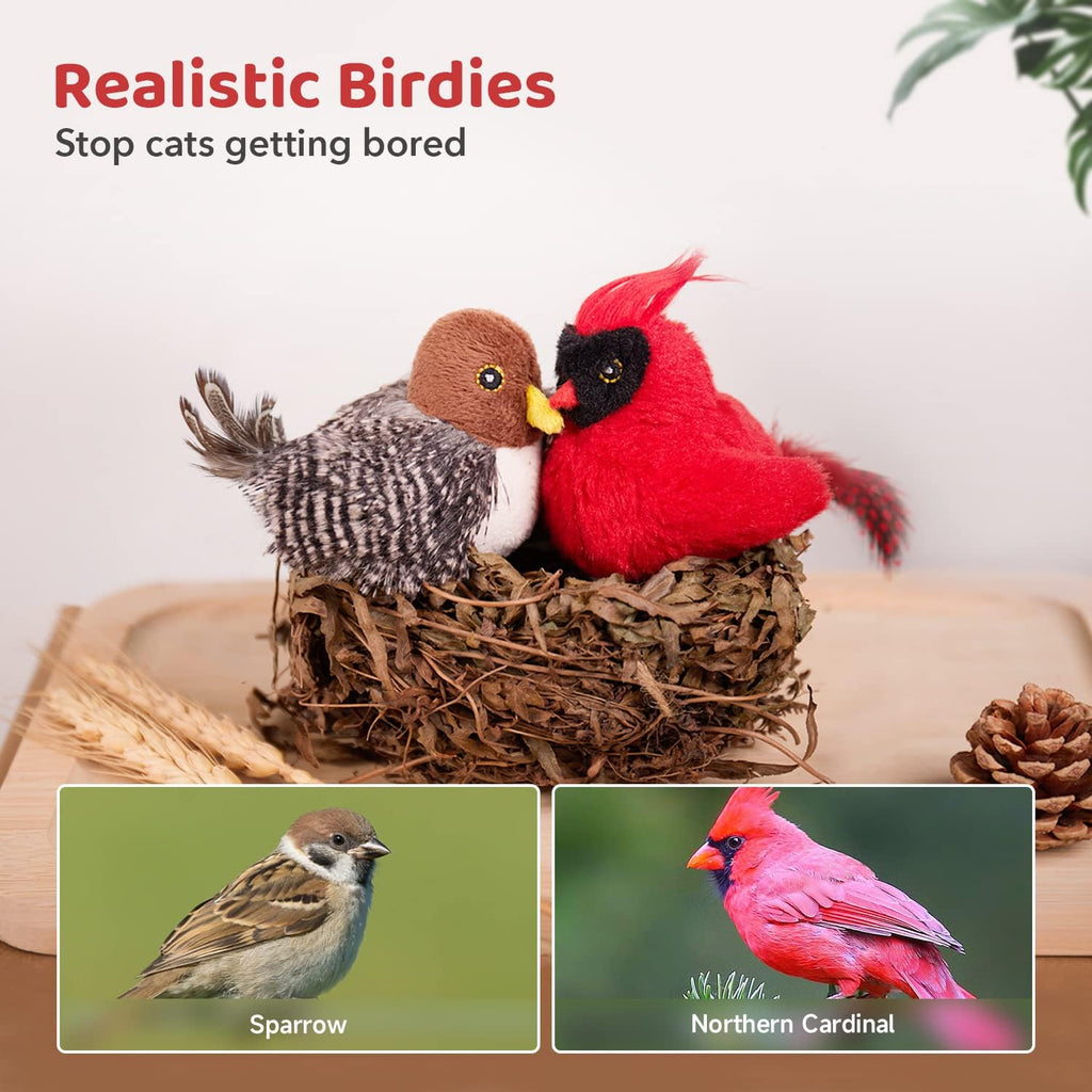 Cat playing with interactive chirping bird toy