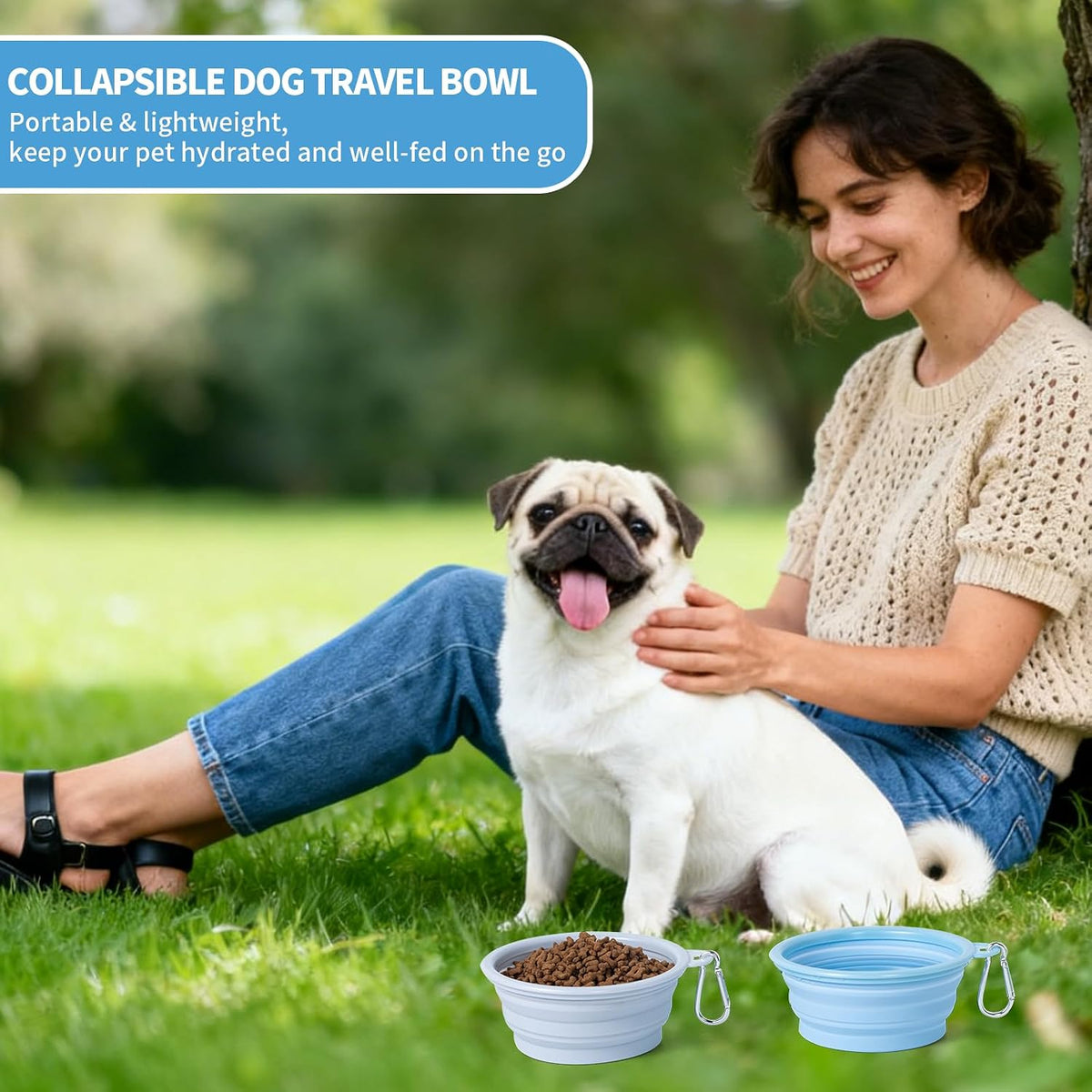 Folded flat SLSON silicone pet travel bowl with attached carabiner clip for hiking