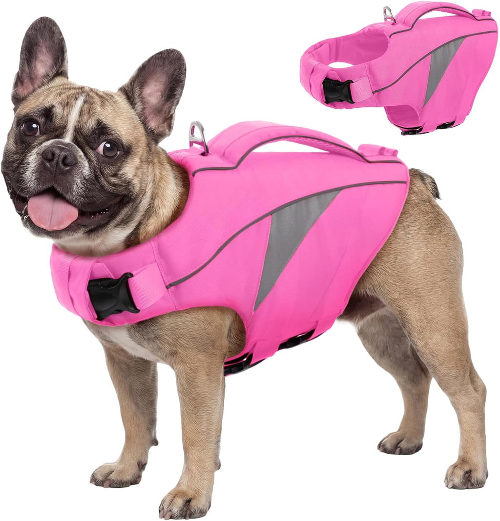 Queenmore dog life jacket pink medium front view on a swimming dog.