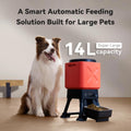 Close up view of the smart dog food dispenser touch control panel and secure lid locking mechanism.