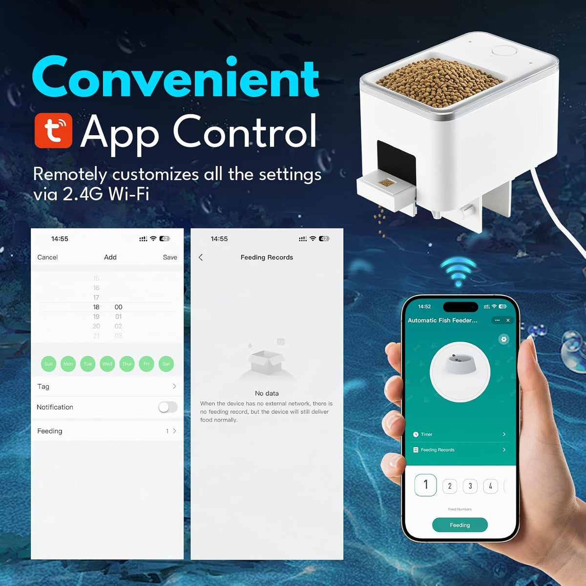 HSUCCCT smart fish feeder mobile application control interface and setup screen