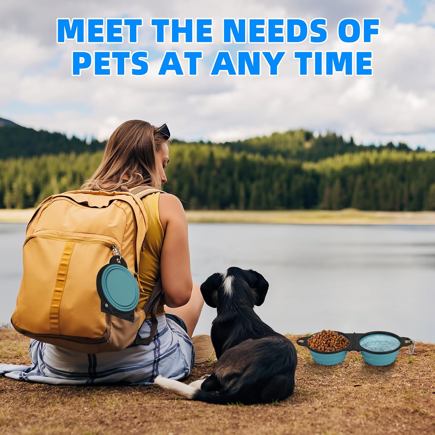 HDhqzm 2 in 1 pet travel bowl expanded showing food and water compartments.