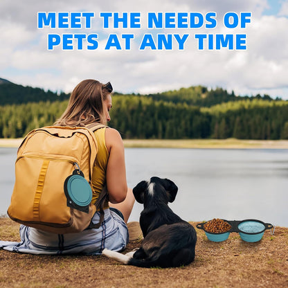HDhqzm 2 in 1 pet travel bowl expanded showing food and water compartments.