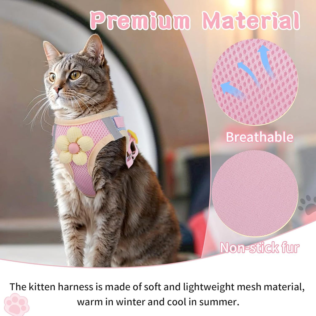 Breathable mesh small pet harness laid flat with matching walking leash and metal swivel clip